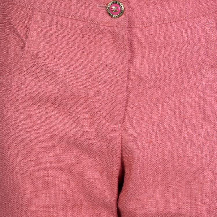 Pre Owned Chanel Pink Textured Silk Wide Leg Trousers L