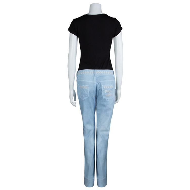 Pre Owned Chanel Indigo Light Wash Denim Embroidered Jeans L