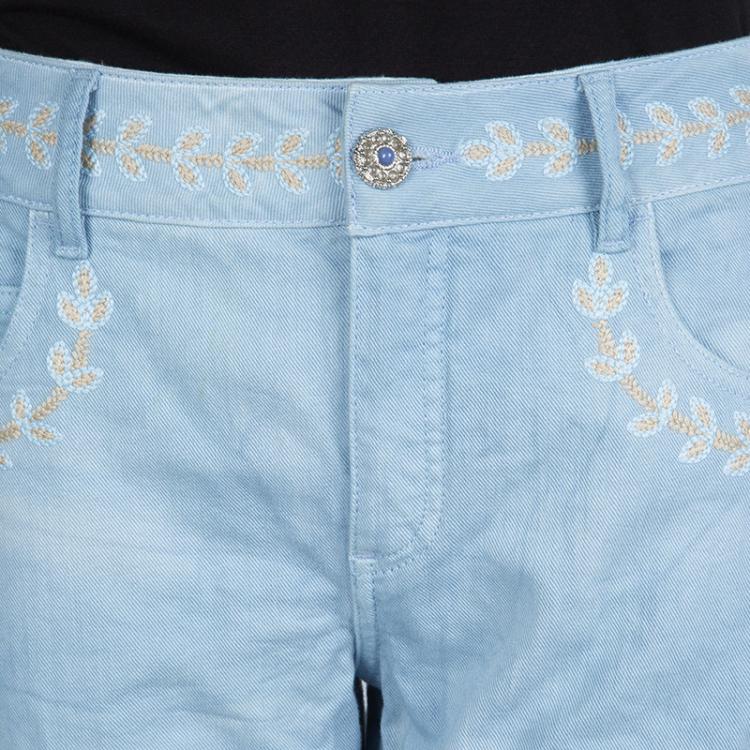 Pre Owned Chanel Indigo Light Wash Denim Embroidered Jeans L