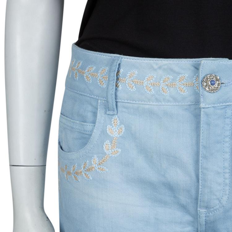 Pre Owned Chanel Indigo Light Wash Denim Embroidered Jeans L