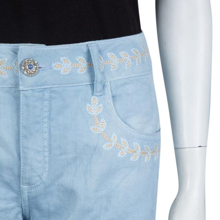 Pre Owned Chanel Indigo Light Wash Denim Embroidered Jeans L