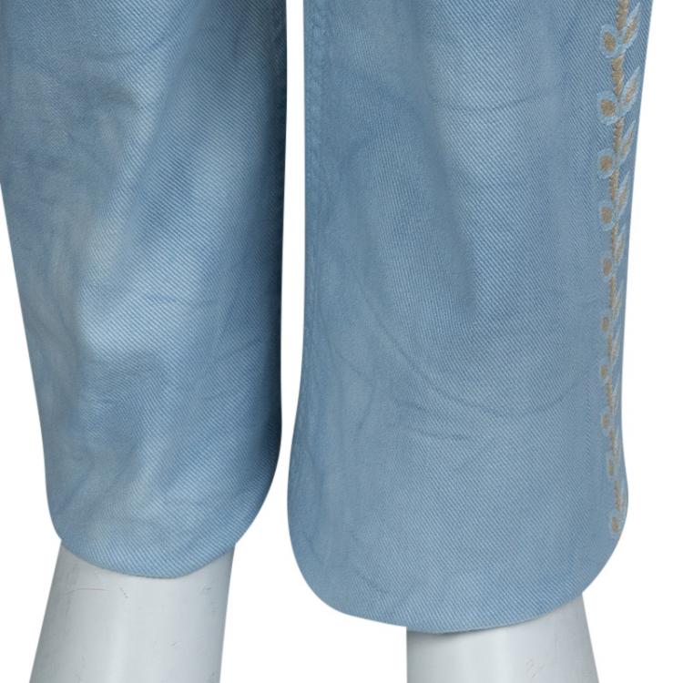 Pre Owned Chanel Indigo Light Wash Denim Embroidered Jeans L