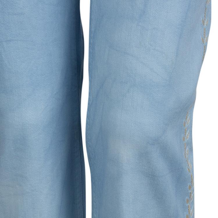 Pre Owned Chanel Indigo Light Wash Denim Embroidered Jeans L
