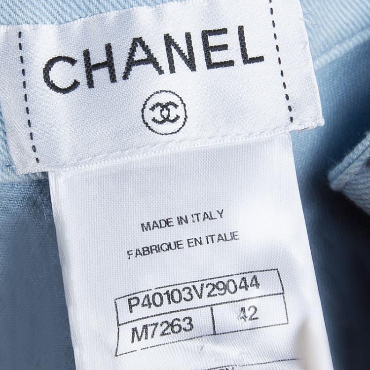 Pre Owned Chanel Indigo Light Wash Denim Embroidered Jeans L