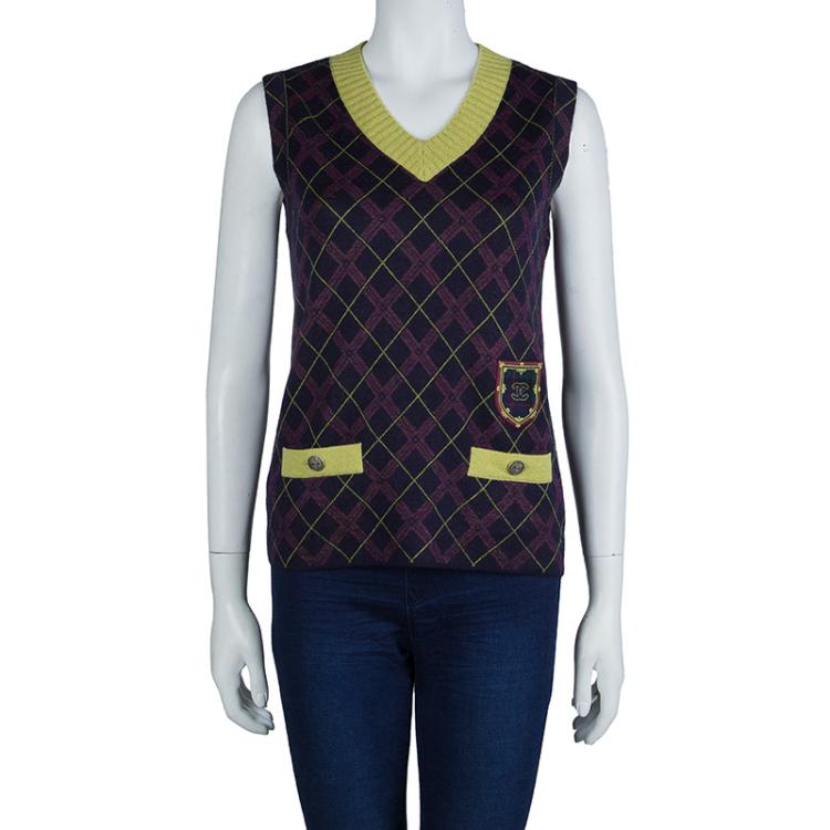 Pre Owned Chanel Purple Argyle Pattern Sleeveless Sweater M