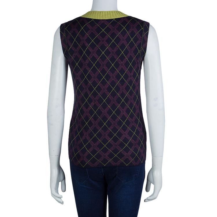 Pre Owned Chanel Purple Argyle Pattern Sleeveless Sweater M
