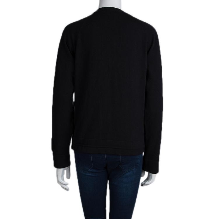 Pre Owned Chanel Black Chenille Embroidered Zip Front Cashmere Cardigan M