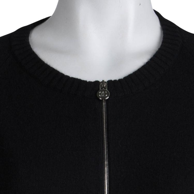Pre Owned Chanel Black Chenille Embroidered Zip Front Cashmere Cardigan M
