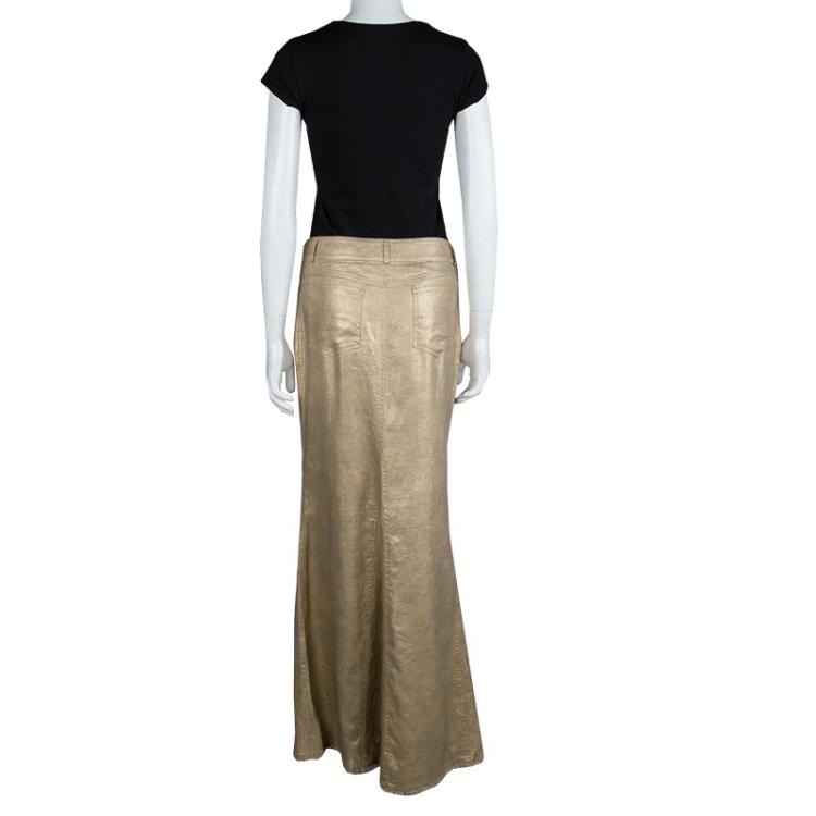 Pre Owned Chanel Gold Metallic Coated Linen Fringe Bottom Maxi Skirt M
