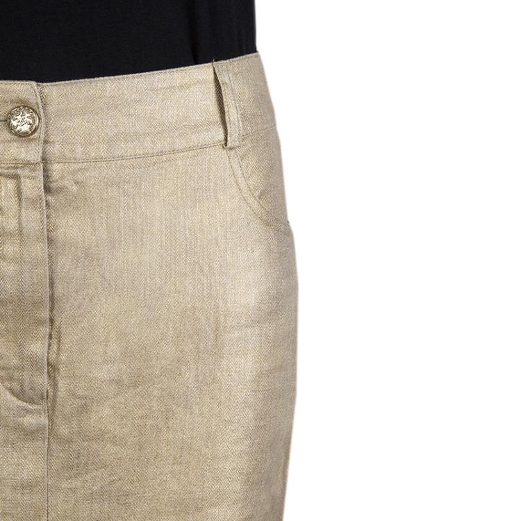 Pre Owned Chanel Gold Metallic Coated Linen Fringe Bottom Maxi Skirt M