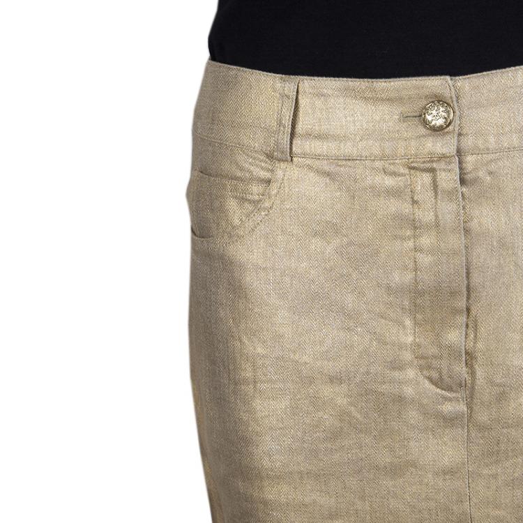 Pre Owned Chanel Gold Metallic Coated Linen Fringe Bottom Maxi Skirt M