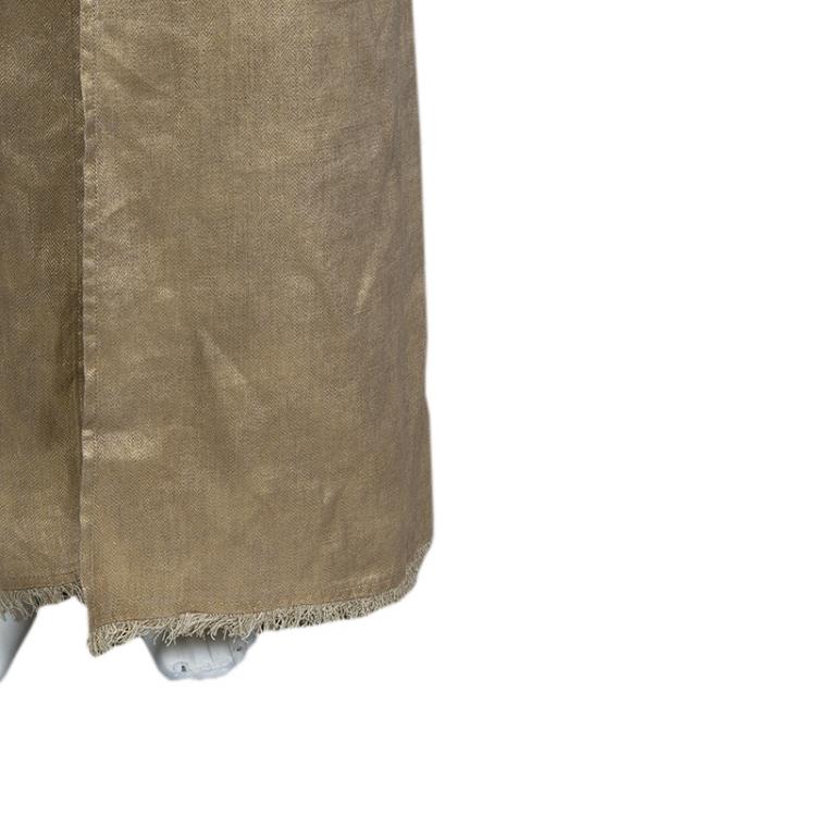 Pre Owned Chanel Gold Metallic Coated Linen Fringe Bottom Maxi Skirt M