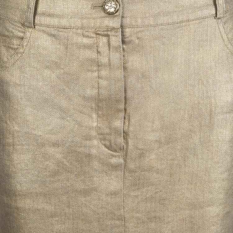 Pre Owned Chanel Gold Metallic Coated Linen Fringe Bottom Maxi Skirt M