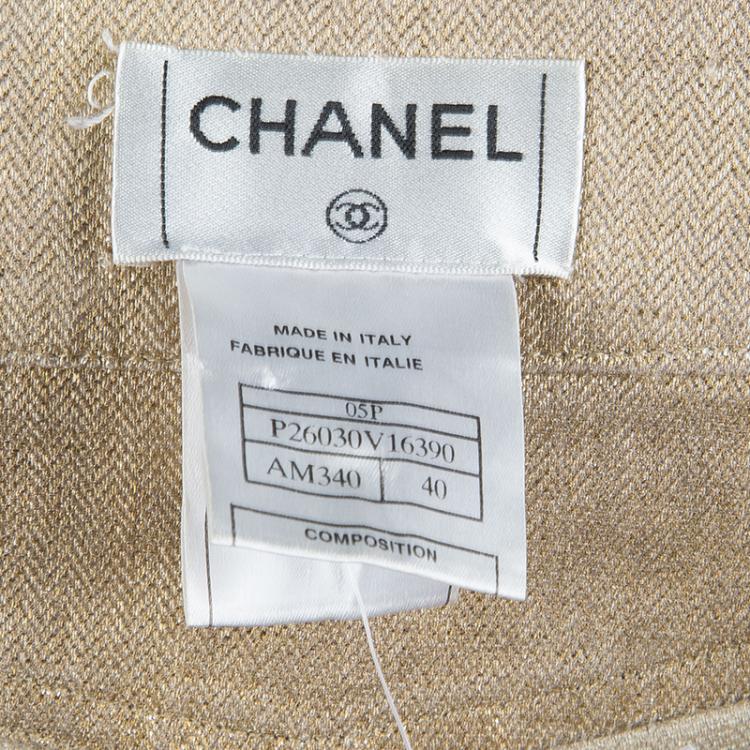 Pre Owned Chanel Gold Metallic Coated Linen Fringe Bottom Maxi Skirt M