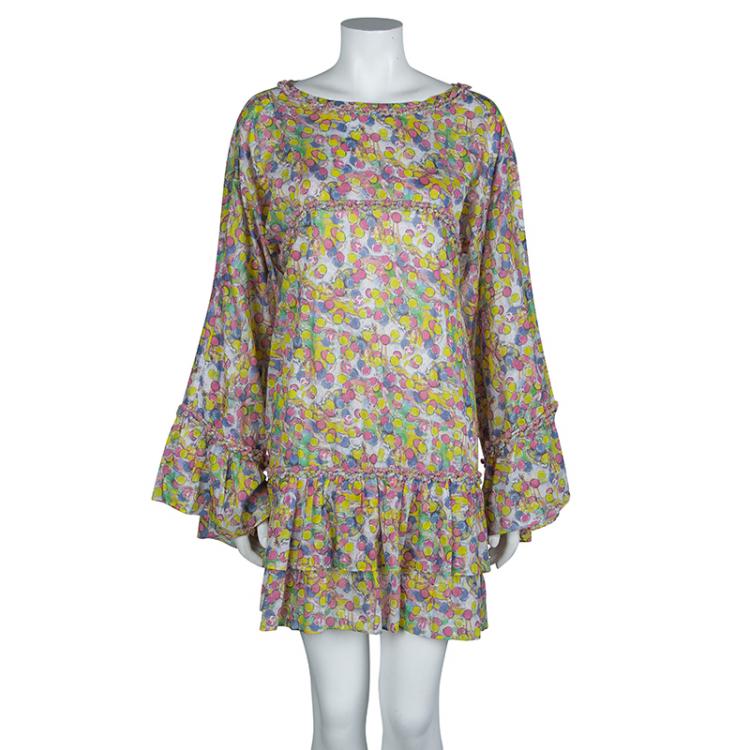 Pre Owned Chanel Multicolor Printed Cotton Tiered Long Sleeve Dress L