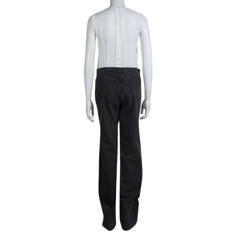 Pre Owned Chanel Grey Denim High Waist Wide Leg Jeans M