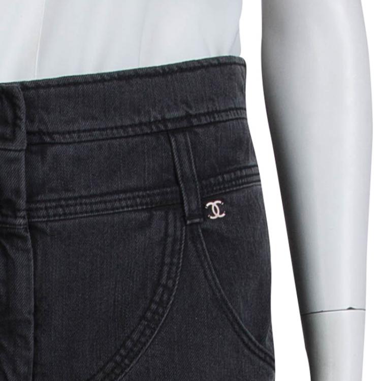 Pre Owned Chanel Grey Denim High Waist Wide Leg Jeans M