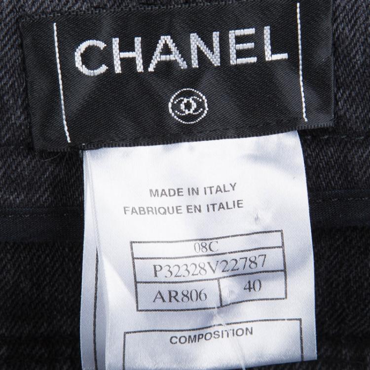 Pre Owned Chanel Grey Denim High Waist Wide Leg Jeans M