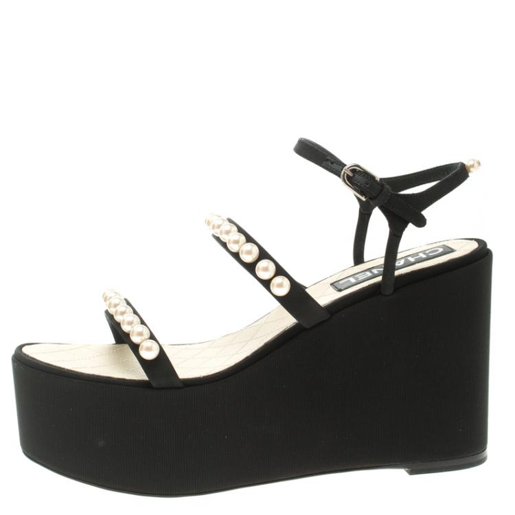 Chanel Black Canvas Pearl Embellished Platform Wedge Ankle Strap Sandals  Size 40.5 Chanel