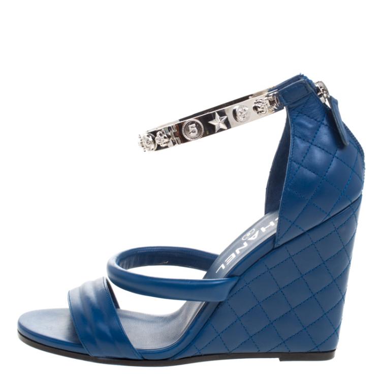 Chanel Blue Quilted Leather Charm Embellished Ankle Cuff Wedge