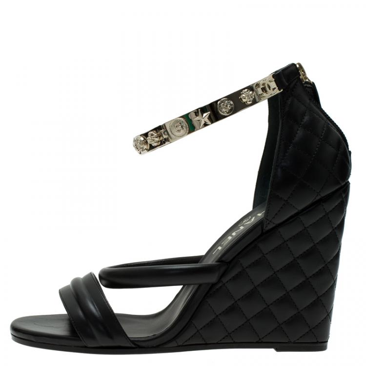 Chanel Black Quilted Leather Bracelet Ankle Strap Wedge Sandals Size 39  Chanel