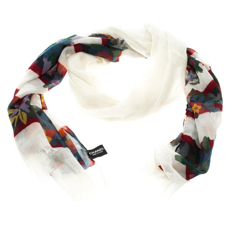 Chanel Floral stripe cashmere silk scarf - Vintage Lux