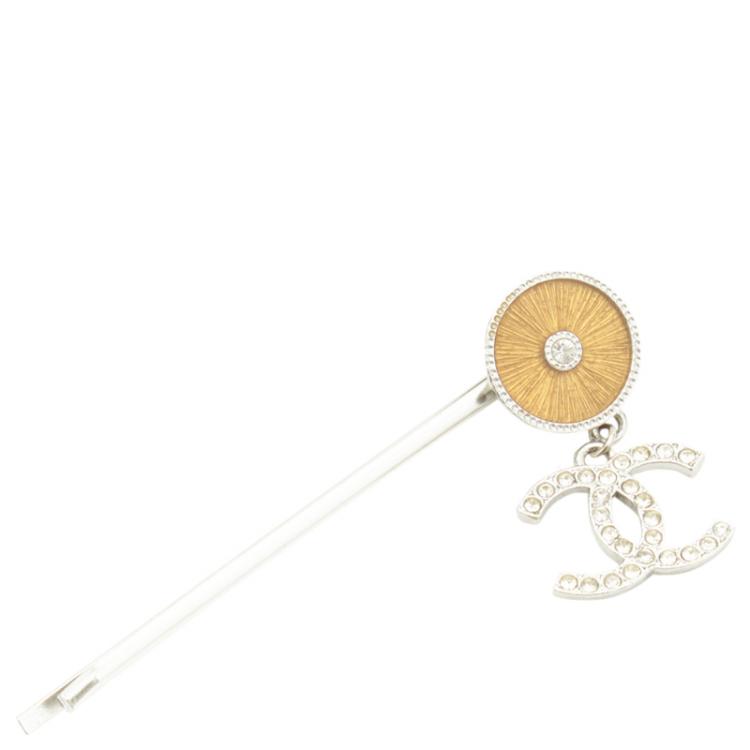 Pre Owned Chanel Silver-tone CC Crystal Embellished Hair Pin