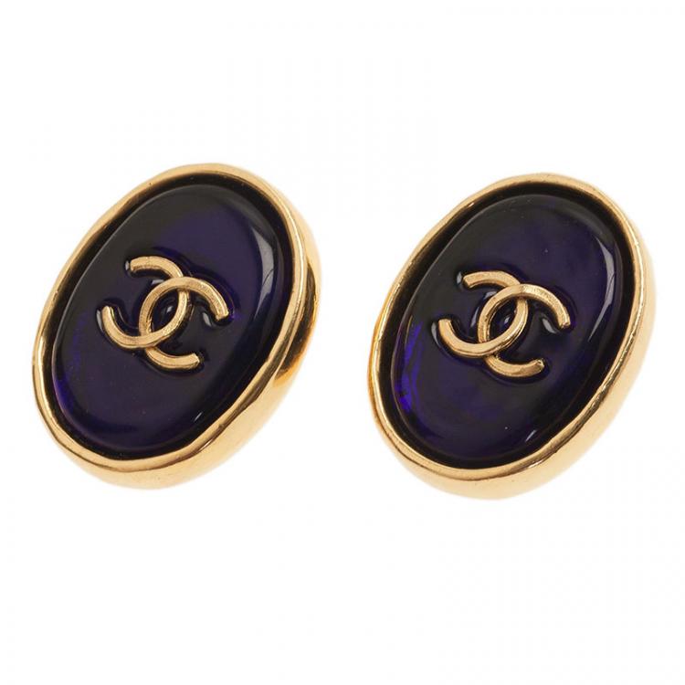 Chanel Vintage CC Blue Gold Tone Clip On Earrings Chanel