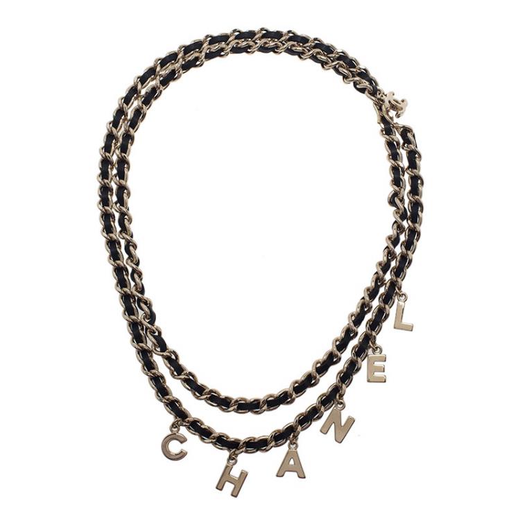 Chanel Charms Gold Tone Black Leather Classic Chain Necklace Belt