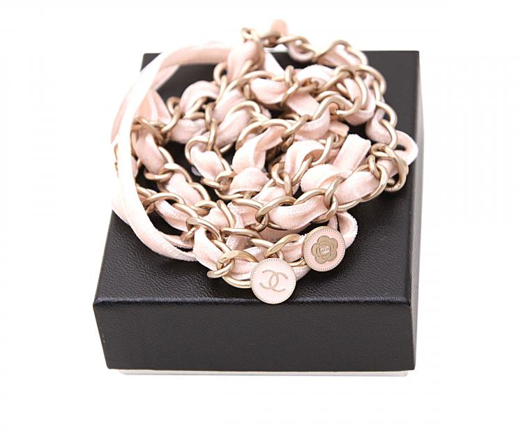 Pre Owned Chanel Pink Velvet and Chain Camellia Belt