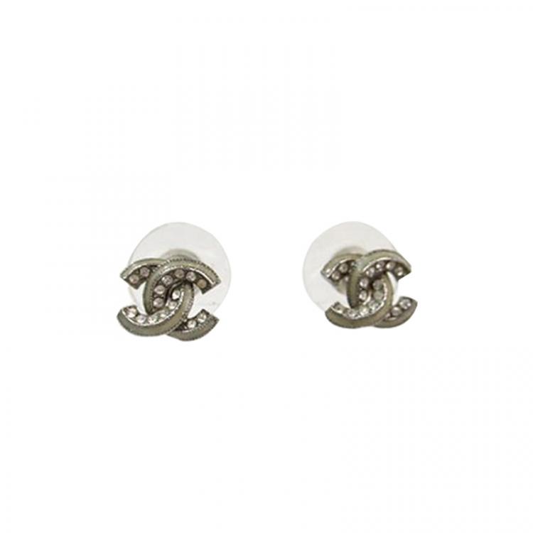 Chanel Silvertone Metal and Crystal CC Earrings  Yoogis Closet