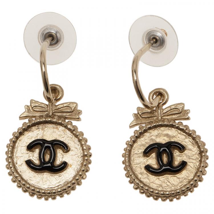 Chanel CC Round Bow Gold Tone Dangle Stud Earrings Chanel