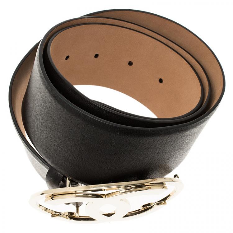 Pre Owned Chanel Black Leather CC Logo Buckle Wide Belt 90 CM