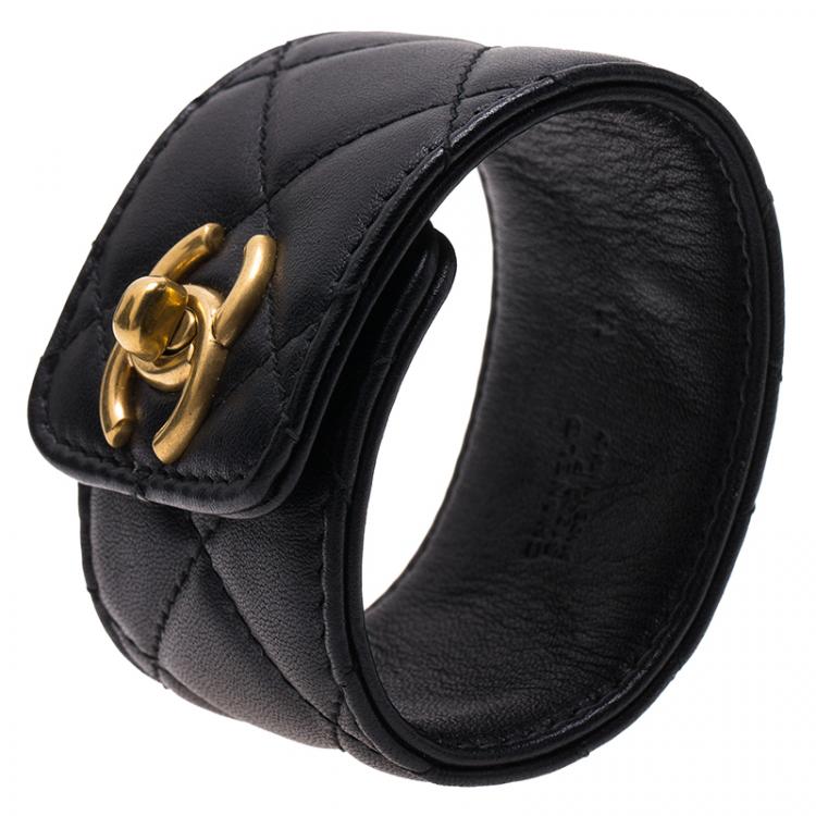 Chanel Logo Black Calfskin and Gold Cuff Bracelet
