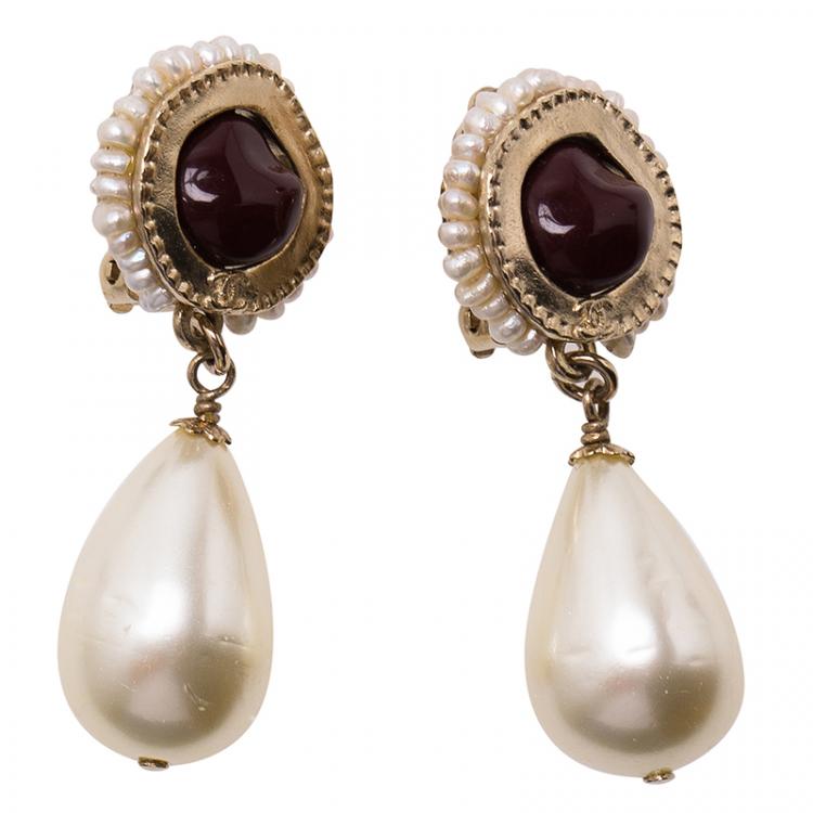 Chanel Burgundy Stone and Faux Pearl Gold Tone Dangle Earrings Chanel