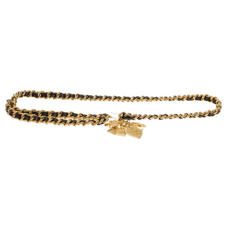 Pre Owned Chanel Black and Gold Leather Icon Charms Chain Belt