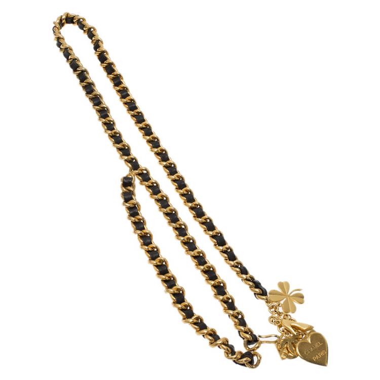 Pre Owned Chanel Black and Gold Leather Icon Charms Chain Belt