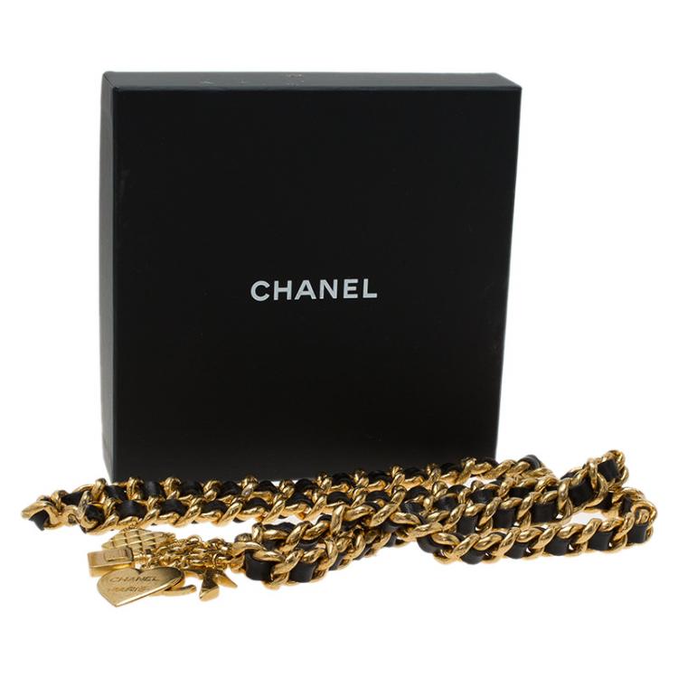Pre Owned Chanel Black and Gold Leather Icon Charms Chain Belt