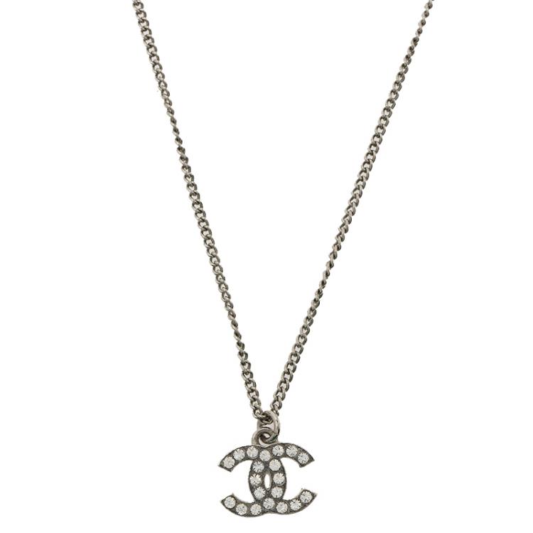 Chanel Vintage CC Logo Pendant Necklace with Black Rhinestone (Gold)