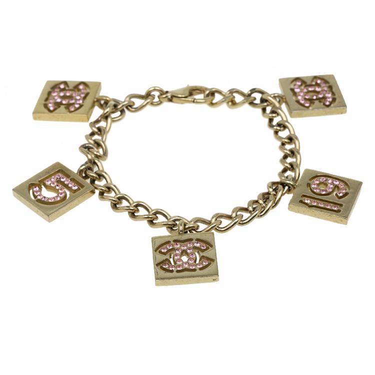 Chanel No 5 Charms Pink Crystal Gold Tone Bracelet Chanel