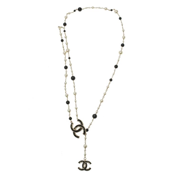 Chanel CC Black Beads and Faux Pearls Lariat Necklace/Belt Chanel
