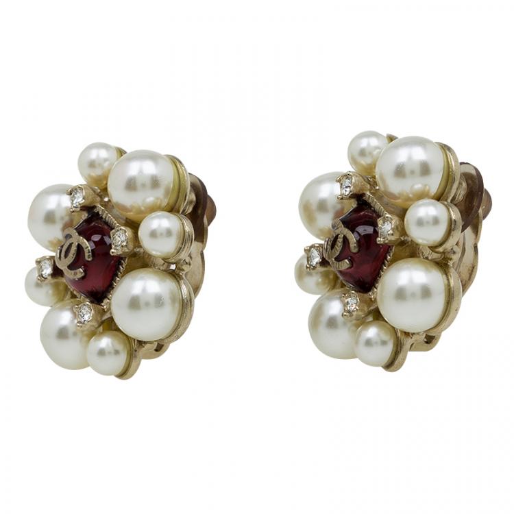 Chanel CC Faux Pearl and Red Gripoix Clip On Earrings Chanel