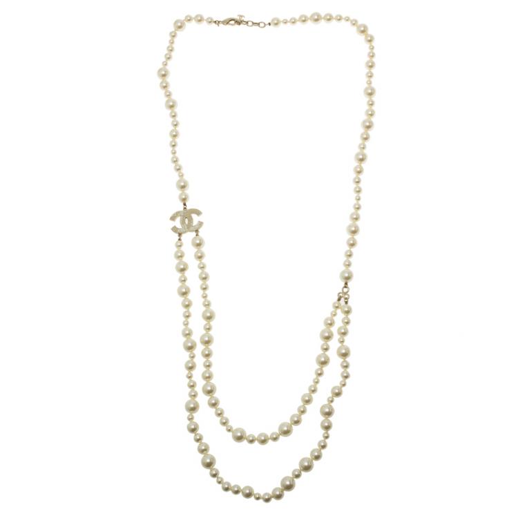 CHANEL CC Pearl Long Necklace Camellia Gold Bead Chain 46 NIB