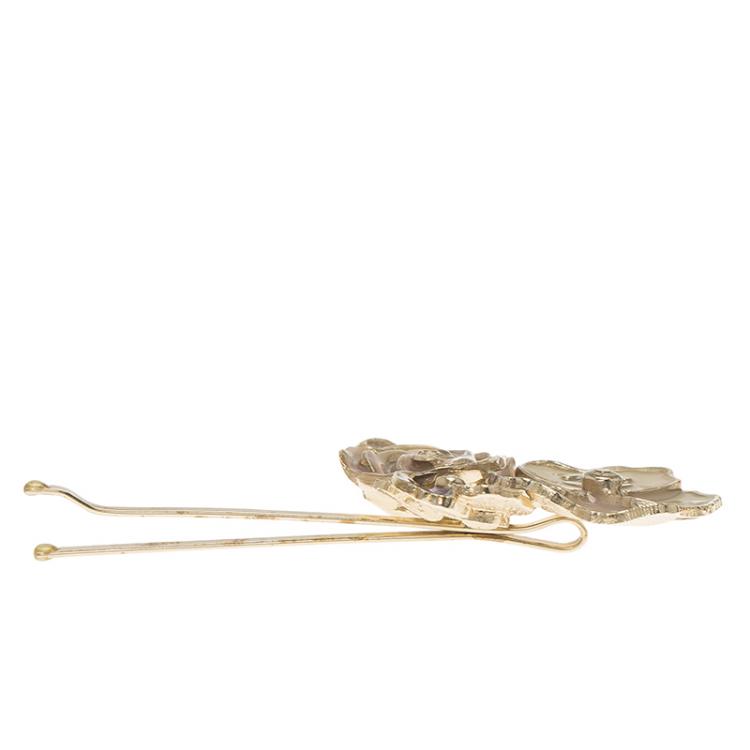 Pre Owned Chanel CC Camellia Enamel Gold Tone Hair Pin