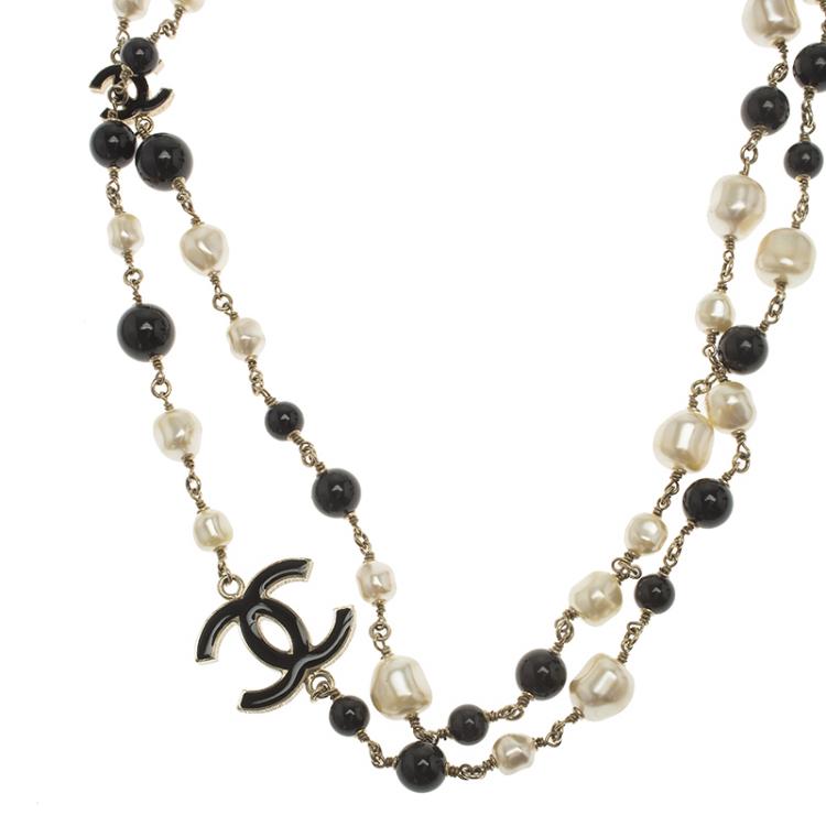 Chanel CC Faux Pearls Black Beads Long Gold Tone Necklace Chanel