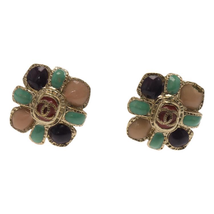 Chanel CC Floral Multicolor Enamel Gold Tone Clip on Earrings Chanel | The  Luxury Closet