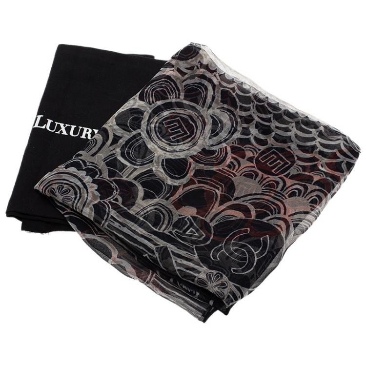 Pre Owned Chanel Navy Blue Floral Print Silk Scarf