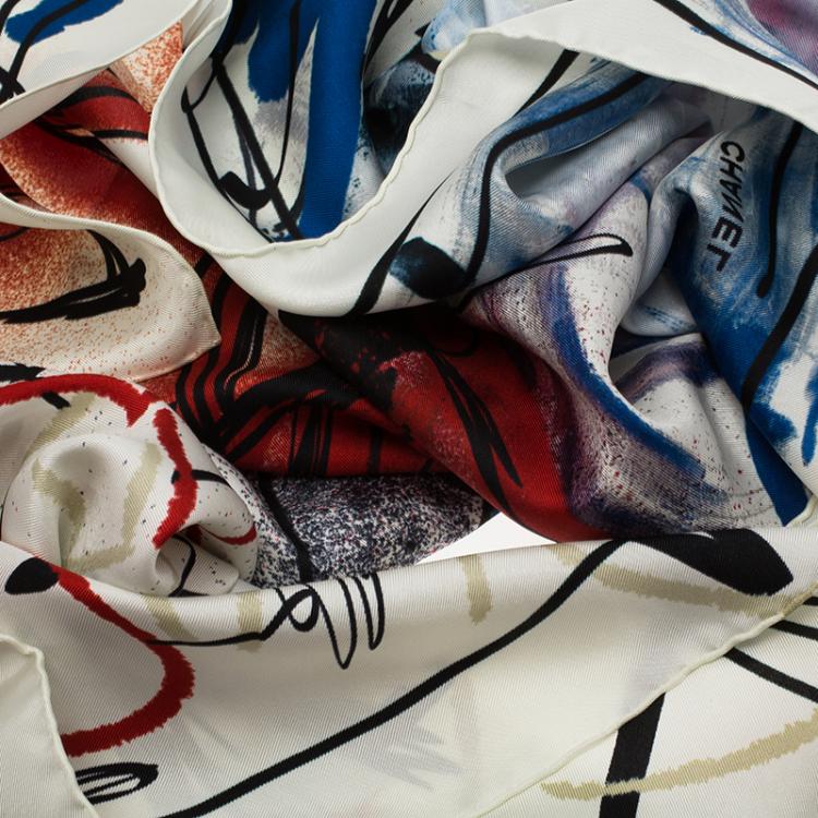 Pre Owned Chanel White Multi-color Love Heart Print Silk Square Scarf