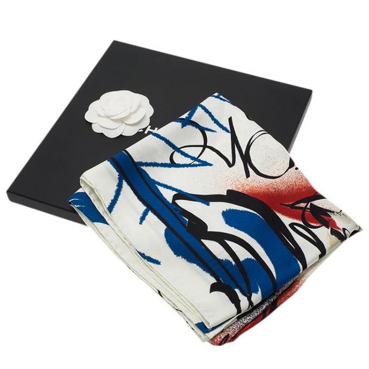 Pre Owned Chanel White Multi-color Love Heart Print Silk Square Scarf