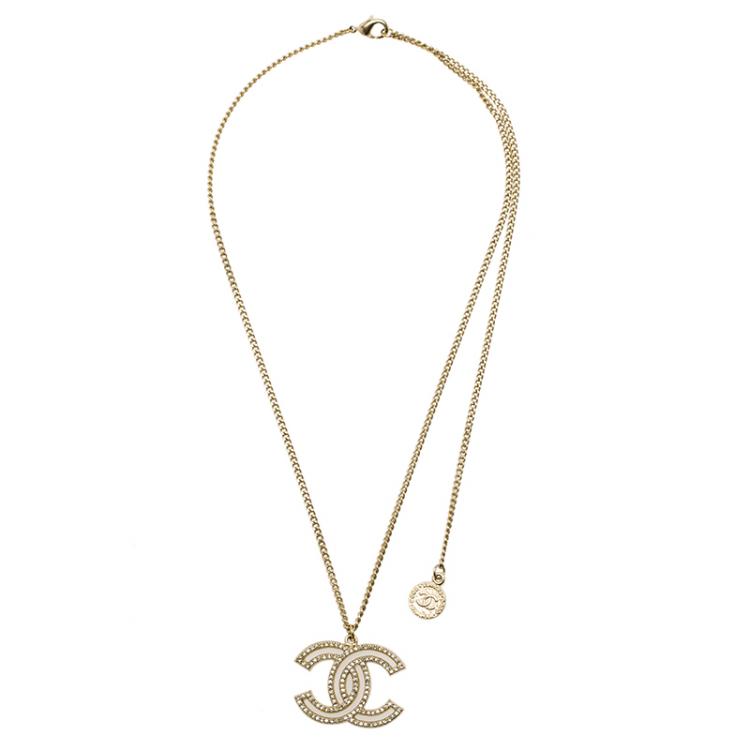 Chanel Pale Gold Tone Crystal CC Pendant Necklace Chanel